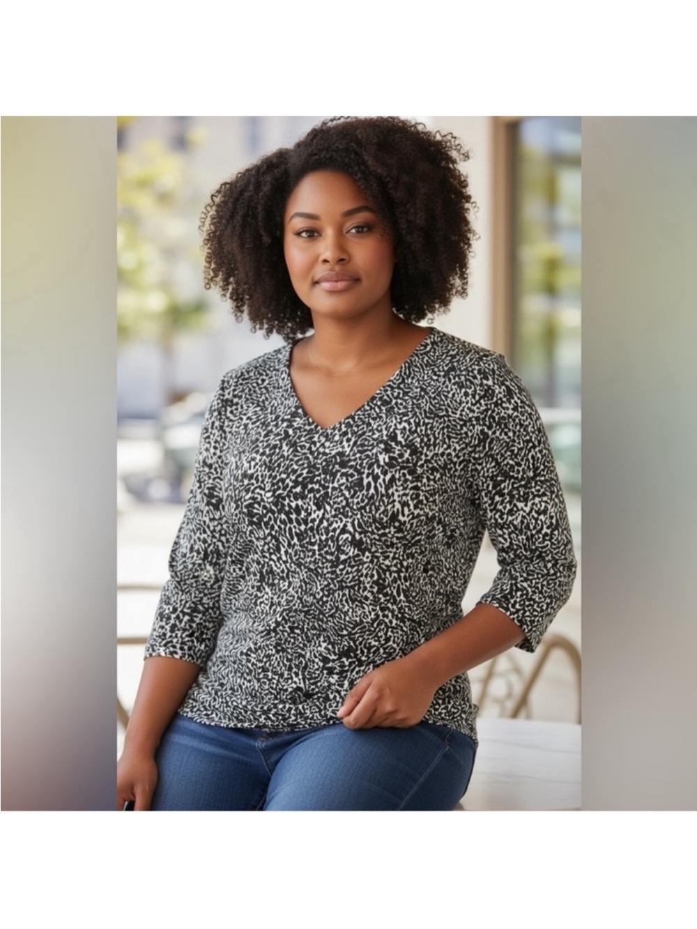 Lane Bryant Women’s Black & White V-Neck 3/4 Sleeve Abstract Print Dress Top